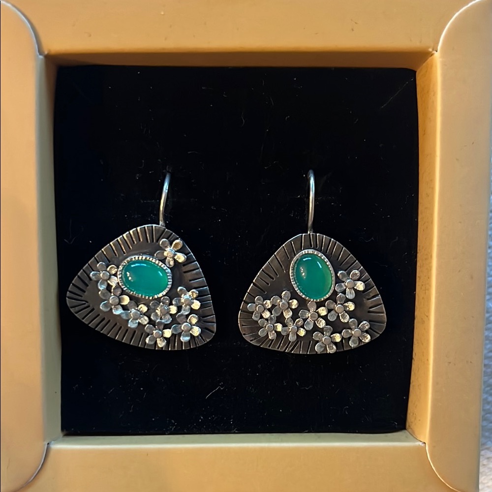 Silver and Green Floral Earrings